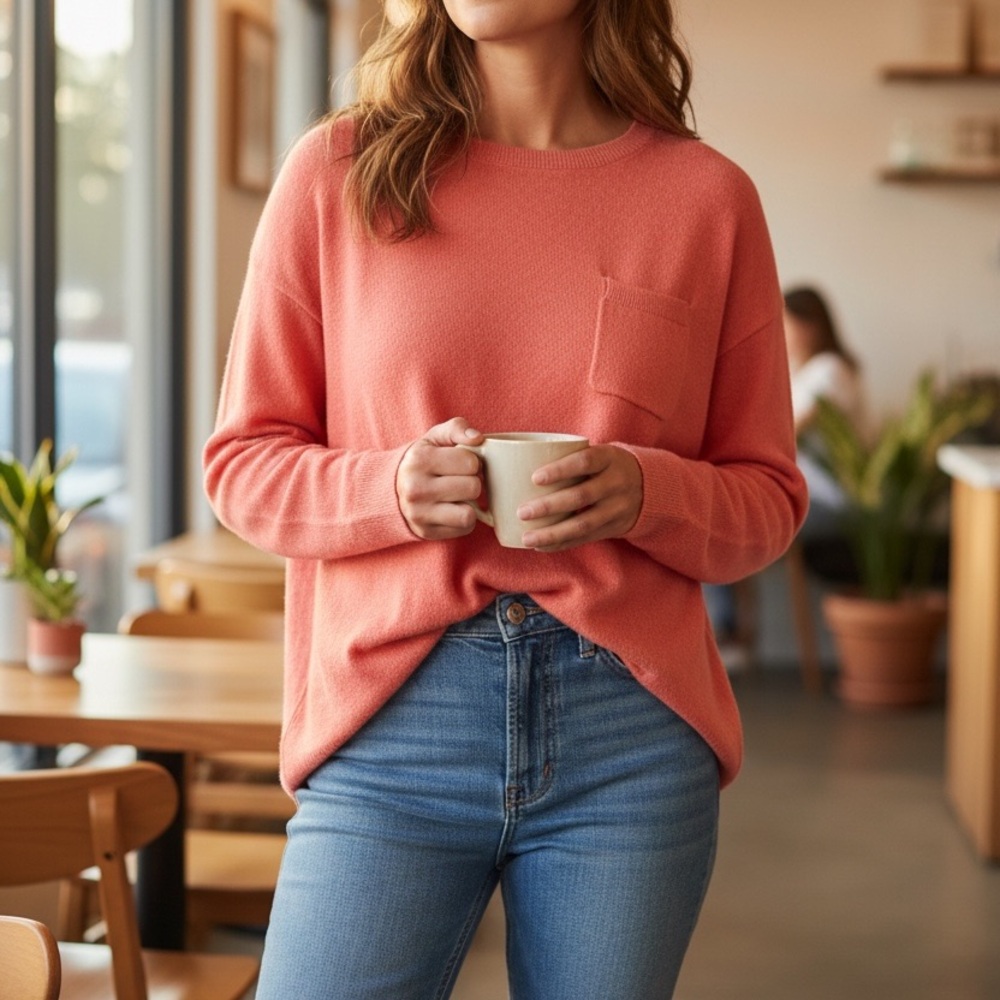 Talbots Coral Crewneck Sweater with Chest Pocket